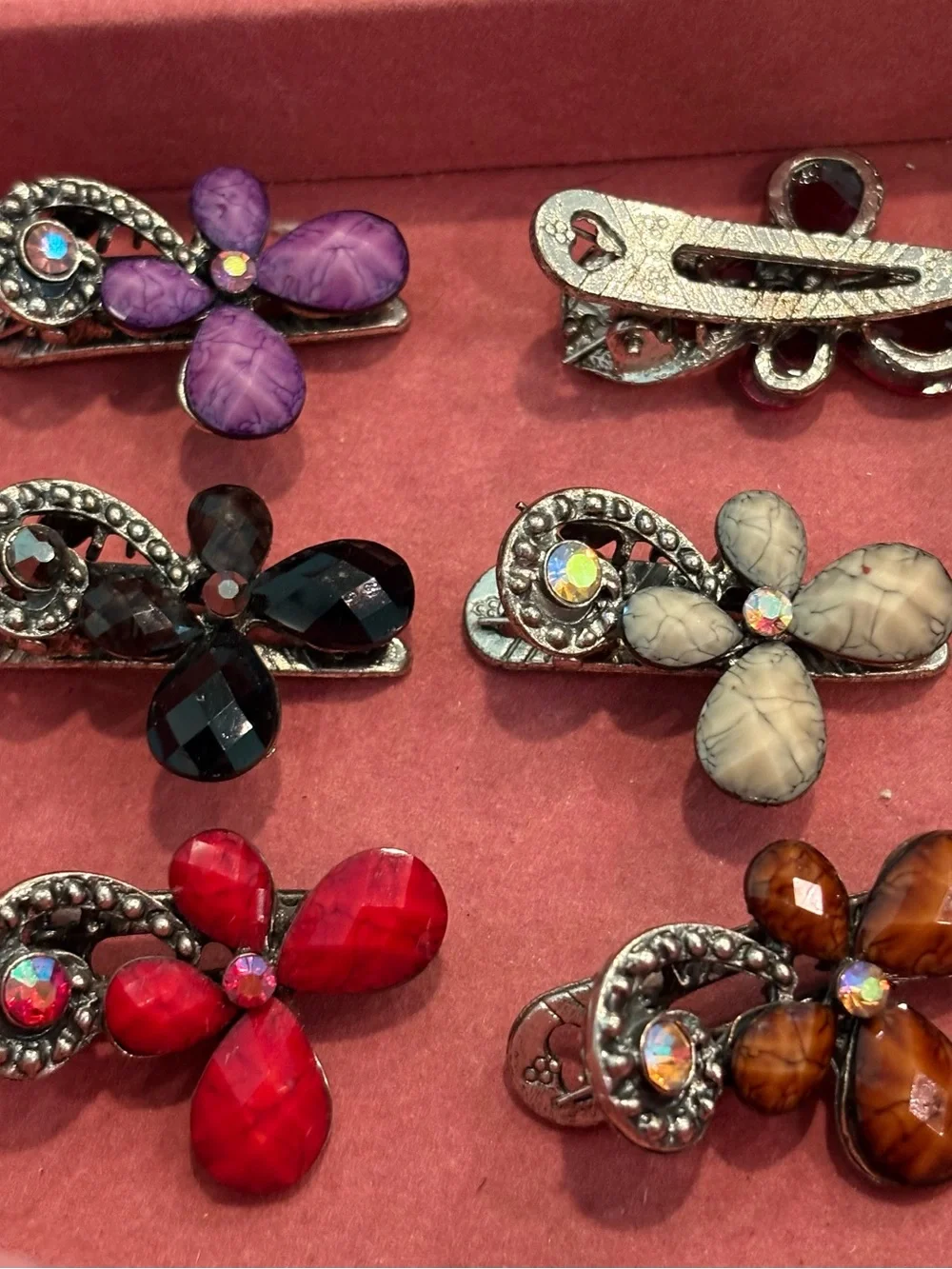 Set of Floral Hair Clips - Purple, Black, Gray, Red (2), Brown